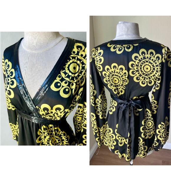 INC International Concepts Silk Boho Tunic Blouse US 4 Geometric Sequin Cocktail - Picture 1 of 9